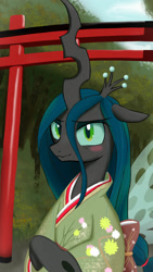 Size: 1080x1920 | Tagged: safe, artist:neoshrek, character:queen chrysalis, species:changeling, blushing, changeling queen, clothing, cute, cutealis, female, kimono (clothing), solo, torii