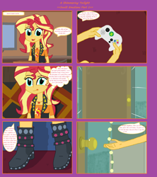Size: 1808x2039 | Tagged: safe, artist:thomaszoey3000, character:sunset shimmer, comic:a shimmering twilight, my little pony:equestria girls, clothing, door, female, hand, shoes, solo, xbox 360