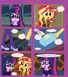 Size: 1808x2039 | Tagged: safe, artist:thomaszoey3000, character:sunset shimmer, character:twilight sparkle, character:twilight sparkle (scitwi), species:eqg human, comic:a shimmering twilight, ship:scitwishimmer, ship:sunsetsparkle, my little pony:equestria girls, clothing, crying, female, hand, lesbian, shipping, shoes, tissue