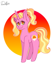 Size: 768x1024 | Tagged: safe, artist:delfinaluther, character:luster dawn, species:pony, species:unicorn, abstract background, cute, eyebrows, fanart, female, grin, looking at you, lusterbetes, ponytail, signature, smiling, smiling at you, solo