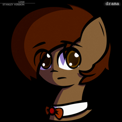 Size: 1500x1500 | Tagged: safe, alternate version, artist:darksoma, oc, oc:liam king, species:earth pony, species:pony, alternate universe, bow tie, hair over one eye, hard shadows, head shot, series, shadows, solo, stanley, stanliam, static, static overlay