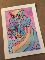 Size: 600x804 | Tagged: safe, artist:marybellamy, character:rainbow dash, species:pegasus, species:pony, clothing, commissioner:ajnrules, dress, female, gala dress, grand galloping gala, looking at you, mare, solo, traditional art, watercolor painting, zorilita