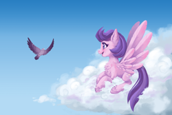 Size: 4950x3300 | Tagged: safe, artist:taytinabelle, character:clear skies, species:bird, species:pegasus, species:pony, g4, beautiful, chest fluff, cloud, cute, digital art, ear fluff, feather, female, fluffy, happy, high res, leg fluff, mare, open mouth, profile, side view, smiling, solo, spread wings, unshorn fetlocks, wings