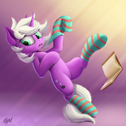 Size: 1500x1500 | Tagged: safe, artist:foxpit, oc, oc only, species:pony, species:unicorn, book, clothing, commission, female, horn, mare, simple background, socks, solo, stockings, striped socks
