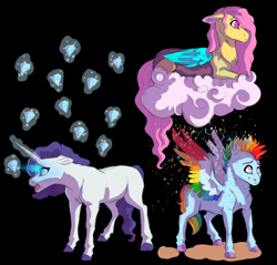 Size: 2869x2748 | Tagged: safe, artist:venommocity, character:fluttershy, character:rainbow dash, character:rarity, species:draconequus, species:pony, fanfic:my little pony: the unexpected future, black background, blinded by the light, chocolate, chocolate rain, cloud, colored wings, cotton candy, cotton candy cloud, draconequified, electricity, female, flutterequus, food, high res, jewels, magic, magic aura, mare, multicolored wings, on a cloud, rain, simple background, sitting, sitting on a cloud, species swap, telekinesis, wings