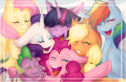 Size: 5100x3300 | Tagged: safe, artist:mscolorsplash, character:applejack, character:fluttershy, character:pinkie pie, character:rainbow dash, character:rarity, character:spike, character:twilight sparkle, character:twilight sparkle (alicorn), species:alicorn, species:dragon, species:earth pony, species:pegasus, species:pony, species:unicorn, absurd resolution, blushing, cute, eyes closed, floppy ears, male, mane seven, mane six, open mouth, smiling, winged spike