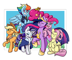 Size: 5000x4173 | Tagged: safe, artist:cleoziep, character:applejack, character:fluttershy, character:pinkie pie, character:rainbow dash, character:rarity, character:twilight sparkle, character:twilight sparkle (alicorn), species:alicorn, species:earth pony, species:pegasus, species:pony, species:unicorn, episode:the last problem, g4, my little pony: friendship is magic, abstract background, absurd resolution, candy, candy in hair, clothing, colored pupils, cowboy hat, crown, cute, ear fluff, eyes closed, female, flying, food, grey hair, group, happy, hat, hoof shoes, jacket, jewelry, mane six, mare, older, older applejack, older fluttershy, older mane six, older pinkie pie, older rainbow dash, older rarity, older twilight, one eye closed, open mouth, peytral, raised hoof, regalia, rubber duck, scarf, smiling, wink
