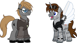 Size: 2000x1125 | Tagged: safe, artist:theeditormlp, oc, oc:brett, oc:the editor, species:earth pony, species:pony, species:zony, artificial wings, augmented, clothing, glasses, hybrid, male, mechanical wing, shirt, simple background, stallion, transparent background, vest, wings