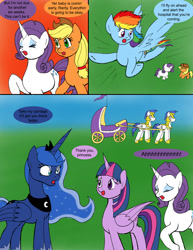 Size: 1000x1295 | Tagged: safe, artist:emilou1985, character:applejack, character:princess luna, character:rainbow dash, character:rarity, character:twilight sparkle, character:twilight sparkle (alicorn), species:alicorn, species:pony, comic:signs, carriage, female, labor, mare, preggity, preglight sparkle, pregnant, royal guard