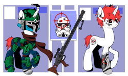 Size: 3452x2071 | Tagged: safe, artist:j053ph-d4n13l, oc, oc only, oc:pin point (ice1517), species:pony, species:unicorn, amputee, armor, belt, blaster, clothing, crossover, cyborg, gun, helmet, male, mandalorian, pouch, prosthetic limb, prosthetics, raised hoof, reference sheet, rifle, scarf, simple background, sniper, sniper rifle, solo, stallion, star wars, transparent background, weapon