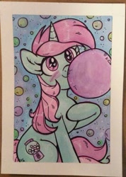 Size: 400x561 | Tagged: safe, artist:marybellamy, character:minty bubblegum, species:pony, species:unicorn, bubblegum, commission, female, food, gum, solo, traditional art, watercolor painting