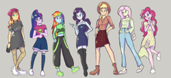 Size: 4400x2000 | Tagged: safe, artist:pettypop, character:applejack, character:fluttershy, character:pinkie pie, character:rainbow dash, character:rarity, character:sunset shimmer, character:twilight sparkle, character:twilight sparkle (scitwi), species:eqg human, my little pony:equestria girls, clothing, fashion, fashion style, female, gray background, homestar runner, humane five, humane seven, humane six, simple background, toy