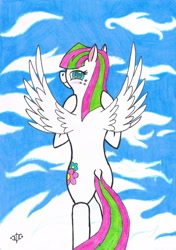 Size: 1590x2263 | Tagged: safe, artist:assertiveshypony, character:blossomforth, species:pegasus, species:pony, cloud, cloudy, drawing, looking at you, standing, traditional art