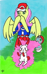 Size: 1035x1615 | Tagged: safe, artist:assertiveshypony, character:angel bunny, character:fluttershy, species:pegasus, species:pony, clothing, crossover, drawing, pokéball, pokémon