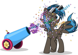 Size: 1999x1404 | Tagged: safe, artist:le-23, oc, oc:going lucky, species:pegasus, species:pony, male, party cannon, simple background, solo, stallion, sunglasses, transparent background