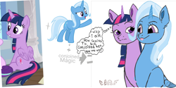 Size: 2160x1080 | Tagged: safe, artist:calebtyink, character:trixie, character:twilight sparkle, character:twilight sparkle (alicorn), species:alicorn, species:pony, alicornified, conjoined, fusion, looking at each other, magic, race swap, thought bubble, tongue out, trixiecorn, we have become one