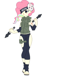 Size: 1700x2222 | Tagged: safe, artist:j053ph-d4n13l, oc, oc only, oc:cheery candy, oc:cheery kawaii, my little pony:equestria girls, alternate universe, belt, clothing, commission, equestria girls-ified, eye scar, feet, female, headband, kunai, mask, multicolored hair, ninja, pants, pouch, ppe, rainbow hair, sandals, scar, simple background, transparent background, vest