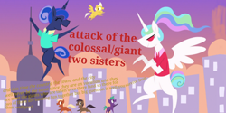 Size: 2160x1080 | Tagged: safe, artist:calebtyink, edit, edited screencap, screencap, character:princess celestia, character:princess luna, species:alicorn, species:pegasus, species:pony, episode:between dark and dawn, g4, my little pony: friendship is magic, city, female, giant luna, giant pony, giantess, giantlestia, macro, mega luna, micro, pointy ponies, red eyes, title card