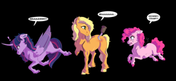Size: 4101x1881 | Tagged: safe, artist:venommocity, character:applejack, character:pinkie pie, character:twilight sparkle, character:twilight sparkle (alicorn), species:alicorn, species:pony, fanfic:my little pony: the unexpected future, amputee, black background, cramped, dialogue, female, mare, prosthetic limb, prosthetics, simple background, slipped, speech bubble, stabbed, stump, trio