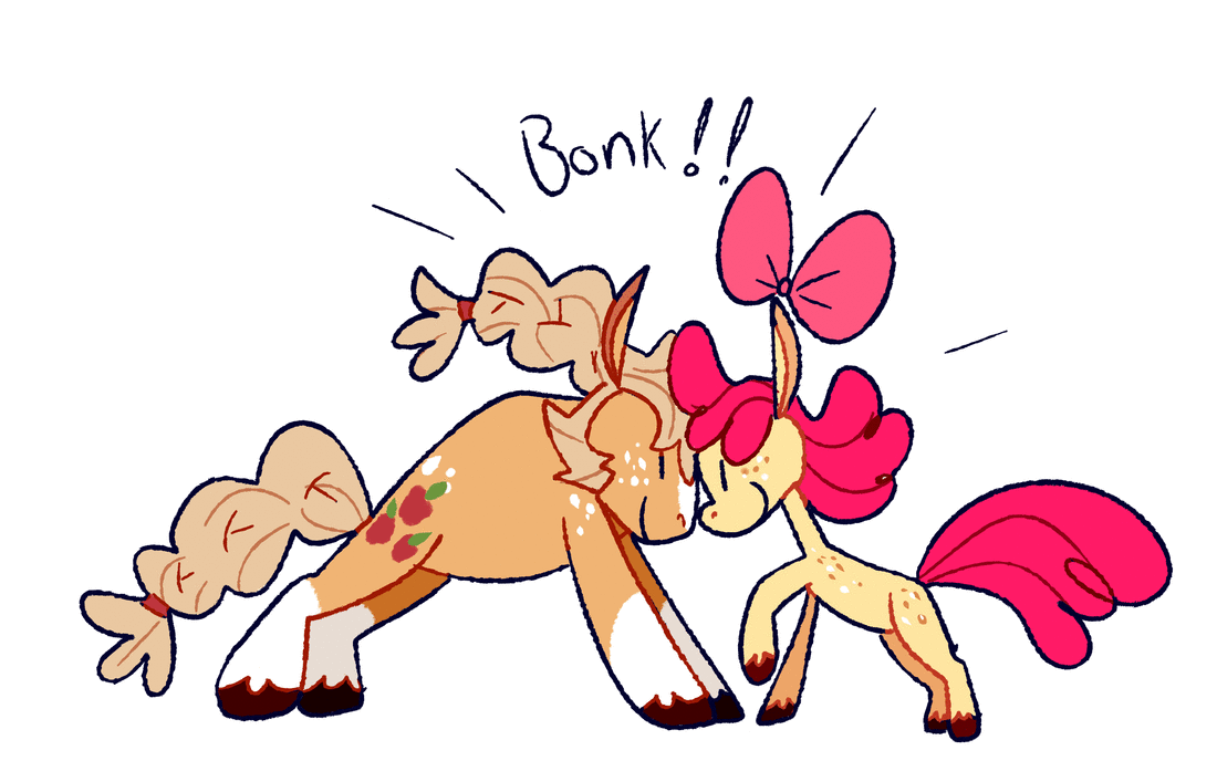 Size: 1100x688 | Tagged: safe, artist:goatpaste, character:apple bloom, character:applejack, species:earth pony, species:pony, animated, apple bloom's bow, blep, bonk, bow, eyes closed, female, filly, gif, hair bow, headbutt, mare, open mouth, raised hoof, rearing, simple background, smiling, socks (coat marking), tongue out, unshorn fetlocks, wat, white background