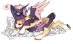 Size: 645x385 | Tagged: safe, artist:venommocity, oc, oc only, oc:cassiopeia, oc:cookie butter, parent:cheese sandwich, parent:pinkie pie, parent:tempest shadow, parent:twilight sparkle, parents:cheesepie, parents:tempestlight, species:alicorn, species:earth pony, species:pony, female, hug, magical lesbian spawn, mare, offspring, pillow, simple background, transparent background