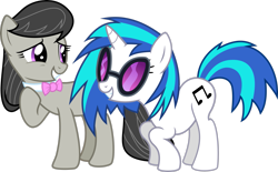 Size: 3111x1927 | Tagged: safe, artist:emedina13, character:dj pon-3, character:octavia melody, character:vinyl scratch, species:earth pony, species:pony, species:unicorn, bow, duo, duo female, female, giggling, mare, raised hoof, simple background, smiling, sunglasses, transparent background, vector