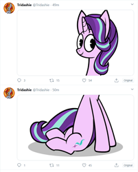 Size: 722x899 | Tagged: safe, artist:tridashie, character:starlight glimmer, species:pony, species:unicorn, female, juxtaposition, long glimmer, long pony, meme, meta, sitting, smiling, solo, twitter