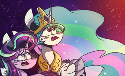 Size: 2200x1340 | Tagged: safe, artist:jxst-starly, character:princess celestia, character:starlight glimmer, species:alicorn, species:pony, species:unicorn, episode:a royal problem, g4, my little pony: friendship is magic, duo, female, implied daybreaker, light, mare, nightsky, offscreen character, princess, redraw, scene interpretation