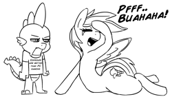 Size: 2600x1500 | Tagged: safe, artist:php137, character:rainbow dash, character:spike, black and white, blatant lies, clothing, crying, duo, grayscale, laughing, lineart, monochrome, nerd, shirt, simple background, tears of laughter, white background