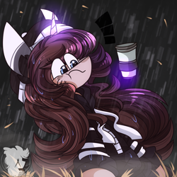 Size: 2200x2200 | Tagged: safe, artist:jxst-starly, oc, oc only, oc:lillie belle, species:pony, species:unicorn, clothing, coffee, coffee cup, cup, fog, grass, hoodie, horn, leaves, magic, next generation, rain, unicorn oc