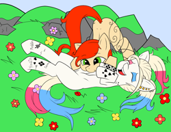Size: 2202x1700 | Tagged: safe, artist:icey-wicey-1517, artist:j053ph-d4n13l, edit, oc, oc only, oc:har-harley queen, oc:poison ivy (ice1517), species:earth pony, species:pony, :), collaboration, color edit, colored, commission, cute, ear piercing, earring, eyes closed, female, flower, grass, hill, jewelry, laughing, lesbian, mare, oc x oc, open mouth, piercing, poisonqueen, raspberry, rock, shipping, tattoo, tickle torture, tickling, tongue out, tummy buzz