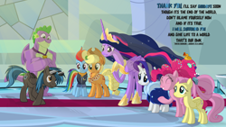 Size: 3840x2160 | Tagged: safe, artist:le-23, character:applejack, character:fluttershy, character:pinkie pie, character:rainbow dash, character:rarity, character:spike, character:twilight sparkle, character:twilight sparkle (alicorn), oc, oc:going lucky, species:alicorn, species:dragon, species:pegasus, species:pony, episode:the last problem, g4, my little pony: friendship is magic, high res, male, mane seven, mane six, older, older applejack, older fluttershy, older mane seven, older mane six, older pinkie pie, older rainbow dash, older rarity, older spike, older twilight, princess twilight 2.0, stallion, winged spike