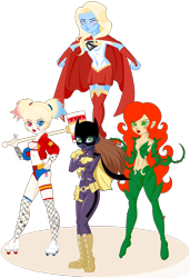 Size: 2600x3792 | Tagged: safe, artist:j053ph-d4n13l, oc, oc only, oc:barbat gordon, oc:har-harley queen, oc:kara krypta, oc:poison ivy (ice1517), my little pony:equestria girls, abs, belly button, belt, blushing, boots, bra, cape, clothing, commission, crop top bra, ear piercing, earring, equestria girls-ified, eyeshadow, female, fishnets, gloves, hammer, heart eyes, heterochromia, jacket, jersey, jewelry, leather jacket, lipstick, makeup, mallet, mask, midriff, multicolored hair, pants, peace sign, piercing, pouch, roller skates, shirt, shoes, shorts, simple background, skirt, t-shirt, tattoo, transparent background, underwear, vine, wingding eyes
