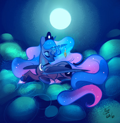 Size: 900x926 | Tagged: safe, artist:eeviart, character:princess luna, species:alicorn, species:pony, bracelet, cloud, eyes closed, female, full moon, horn, horn jewelry, jewelry, leaf, mare, moon, night, on a cloud, prone, sky, solo