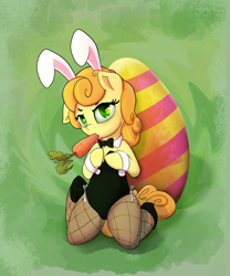 Size: 1200x1440 | Tagged: safe, artist:klemm, character:carrot top, character:golden harvest, species:earth pony, species:pony, bunny ears, bunny suit, carrot, clothing, cuffs (clothes), cute, cutie top, easter, easter bunny, easter egg, female, fishnets, food, holiday, kneeling, mare, solo