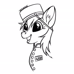 Size: 2048x2048 | Tagged: safe, artist:taytinabelle, character:derpy hooves, character:welcome inn, species:pegasus, species:pony, black and white, button-up shirt, clothing, cute, digital art, ear fluff, female, grayscale, happy, hat, lineart, mare, monochrome, name tag, open mouth, simple background, smiling, solo, tongue out, uniform, white background
