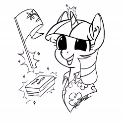 Size: 2048x2048 | Tagged: safe, artist:taytinabelle, character:twilight sparkle, species:pony, species:unicorn, black and white, clothing, cute, digital art, ear fluff, female, flag, grayscale, happy, hawaiian shirt, lineart, magic, mare, monochrome, notes, shirt, simple background, smiling, solo, teeth, twiabetes, white background