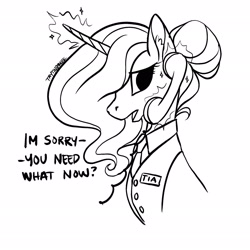 Size: 2048x2048 | Tagged: safe, artist:taytinabelle, character:princess celestia, species:alicorn, species:pony, black and white, clothing, concerned, cute, dialogue, digital art, ear fluff, female, grayscale, hair bun, lineart, magic, mare, monochrome, name tag, phone, simple background, solo, text, uniform, white background