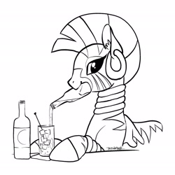 Size: 2048x2048 | Tagged: safe, artist:taytinabelle, character:zecora, species:pony, species:zebra, alcohol, beer, black and white, cute, digital art, drink, ear fluff, female, grayscale, hooves, lineart, looking at you, mare, monochrome, mouth hold, simple background, smiling, solo, table, white background, wine, zecorable