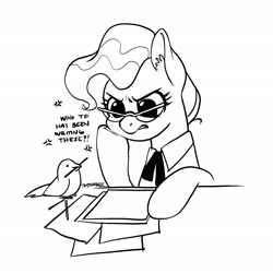 Size: 2048x2048 | Tagged: safe, artist:taytinabelle, character:mayor mare, species:bird, species:earth pony, species:pony, annoyed, beak hold, black and white, clothing, cute, dialogue, digital art, ear fluff, eyebrows, female, frown, frustrated, glasses, grayscale, grumpy, hoof on cheek, hooves, lineart, mare, monochrome, simple background, solo, text, uniform, white background