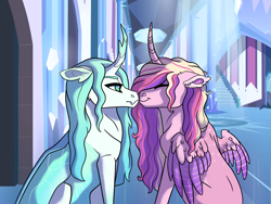 Size: 4000x3000 | Tagged: safe, artist:venommocity, character:princess cadance, character:queen chrysalis, species:pony, species:reformed changeling, ship:cadalis, female, high res, infidelity, lesbian, nuzzling, purified chrysalis, shipping