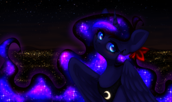 Size: 2900x1712 | Tagged: safe, artist:avrameow, character:princess luna, species:alicorn, species:pony, bow, bust, chest fluff, city, cute, ethereal mane, female, galaxy mane, hair bow, lunabetes, mare, night, sky, solo, starry night, stars