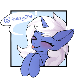 Size: 1500x1500 | Tagged: safe, artist:glue, oc, oc only, oc:notification, species:pony, species:unicorn, derpibooru, derpibooru ponified, g4, @everyone, blep, blushing, cute, discord (software), ear fluff, eyebrows, eyebrows visible through hair, eyes closed, female, freckles, leg fluff, mare, meta, ponified, solo, tongue out, unicorn oc