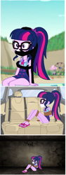 Size: 806x2140 | Tagged: safe, artist:brightstar40k, character:twilight sparkle, character:twilight sparkle (scitwi), species:eqg human, my little pony:equestria girls, abduction, bikini, bondage, bound and gagged, car, cloth gag, clothing, downvote bait, gag, kidnapped, legs, rope, rope bondage, sandals, swimsuit, tied up