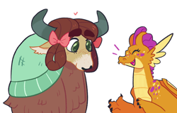 Size: 1280x816 | Tagged: safe, artist:goatpaste, character:smolder, character:yona, species:dragon, species:yak, blushing, cute, female, heart, heart eyes, laughing, lesbian, redesign, shipping, smolderbetes, wingding eyes, yonadorable, yonder