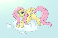 Size: 1594x1053 | Tagged: safe, artist:haruhi-il, character:fluttershy, species:pegasus, species:pony, cloud, cute, female, looking at you, mare, missing cutie mark, on a cloud, smiling, solo, spread wings, three quarter view, wings