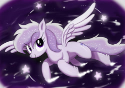 Size: 3508x2480 | Tagged: safe, artist:neoshrek, oc, oc only, oc:starstorm slumber, species:pegasus, species:pony, female, flying, hoof fluff, looking at you, mare, night, night sky, sky, smiling, solo, spread wings, stars, wings