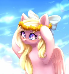 Size: 1280x1375 | Tagged: safe, artist:avrameow, oc, oc only, oc:bay breeze, species:pegasus, species:pony, blushing, bow, cute, female, floral head wreath, flower, hair bow, mare, ocbetes