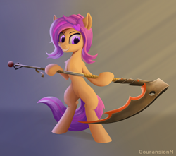 Size: 1694x1500 | Tagged: safe, artist:foxpit, oc, oc only, oc:amethyst arkin, species:earth pony, species:pony, abstract background, bipedal, cheek fluff, crepuscular rays, female, mare, not scootaloo, scythe, smiling, solo, weapon