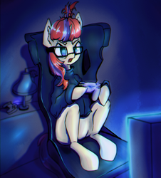 Size: 1000x1108 | Tagged: safe, artist:mistleinn, character:moondancer, species:pony, species:unicorn, clothing, controller, female, glasses, playstation 4, sitting, solo, sweater